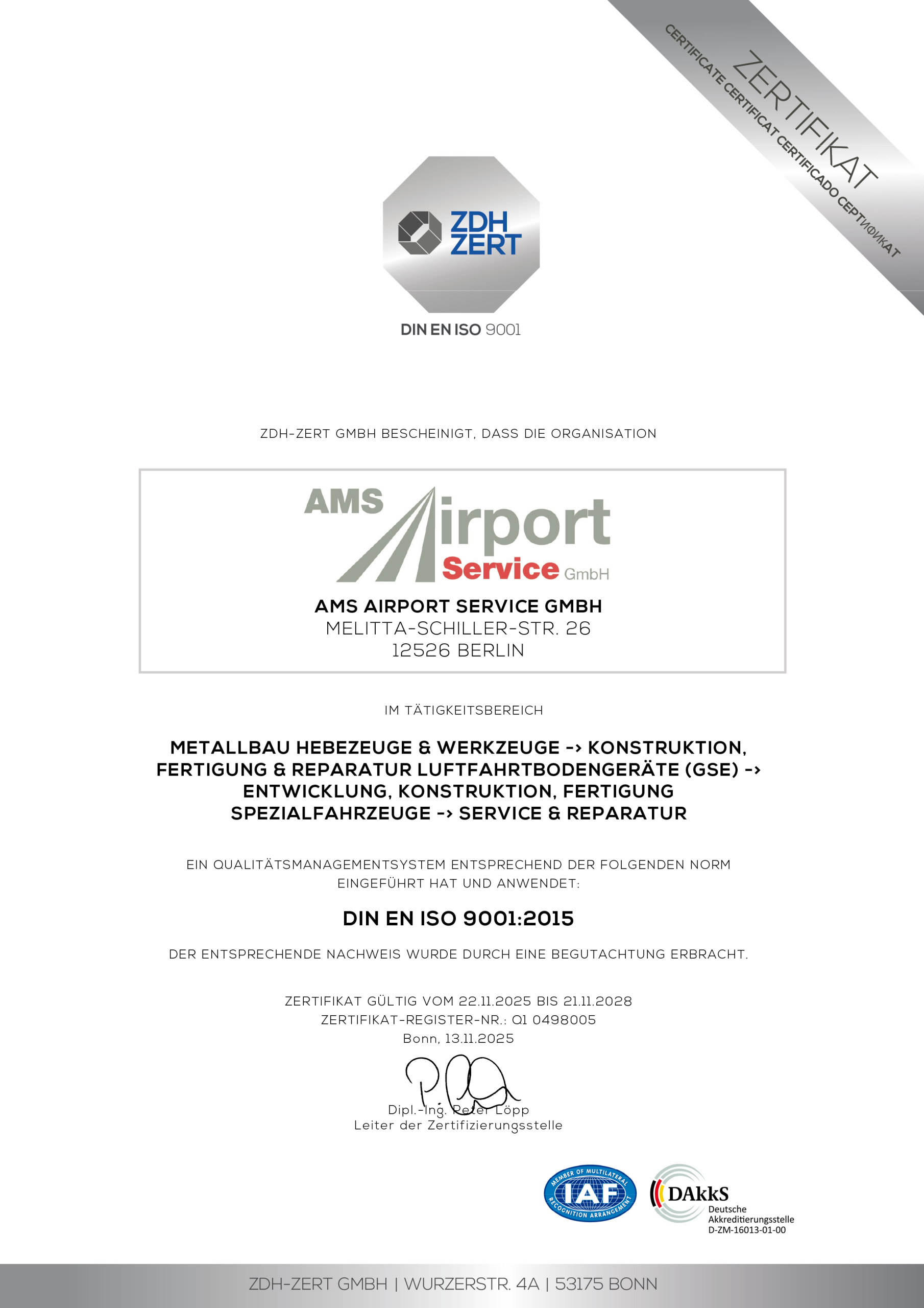 DIN DE ISO 9001 Zertifikat der AMS Engineering GmbH