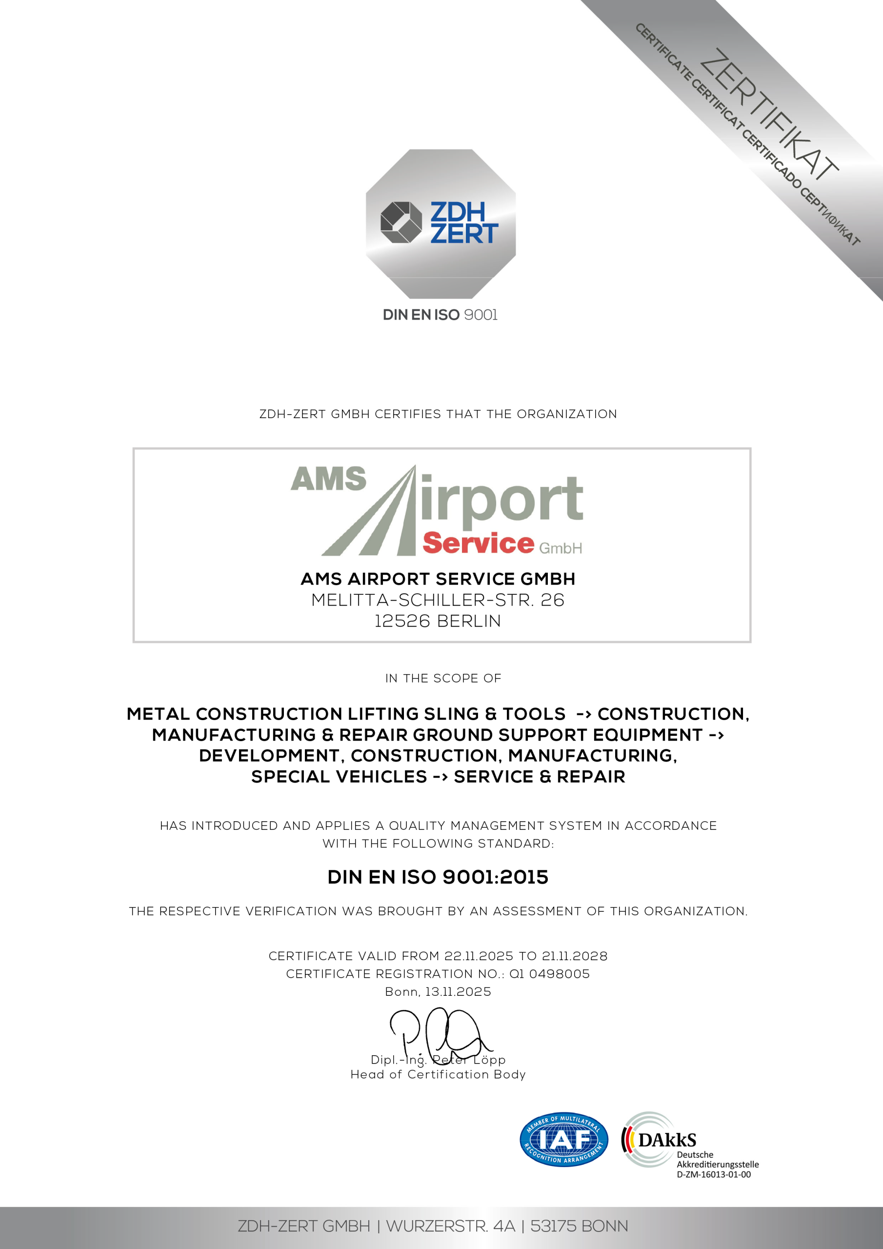 DIN EN ISO 9001 Zertifikat der AMS Engineering GmbH