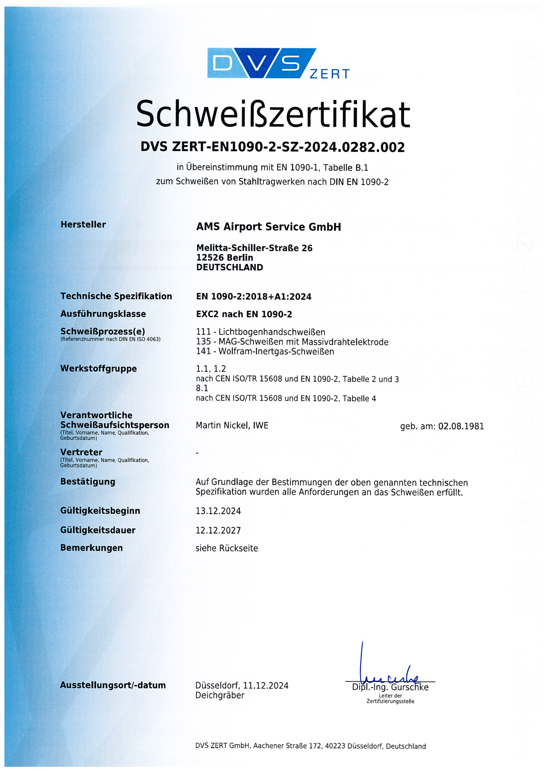 DVS ZERTIFIKAT - SCHWEISSZERTIFIKAT der AMS Engineering GmbH
