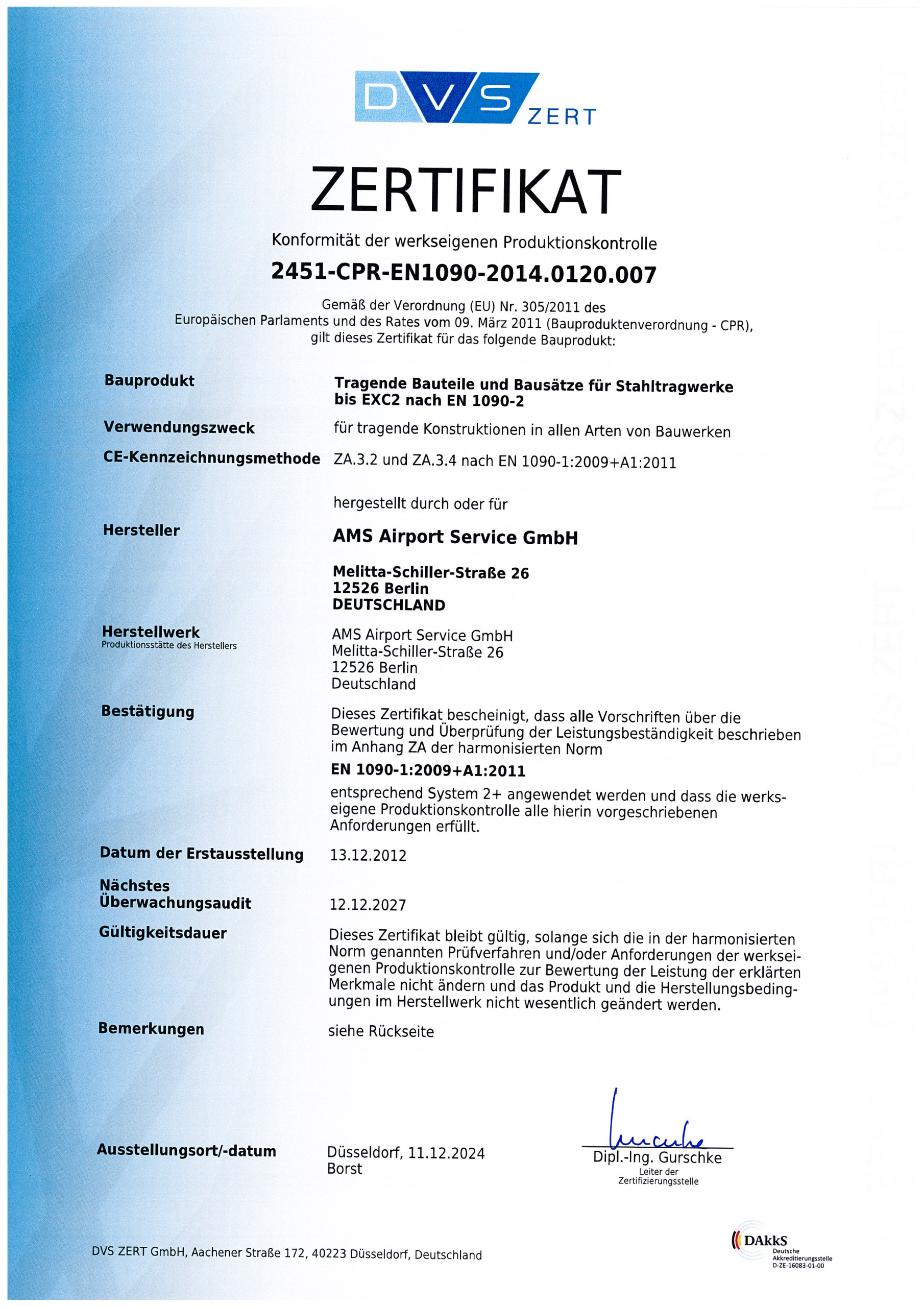 DVS ZERTIFIKAT - WPK EN 1090-1 der AMS Engineering GmbH